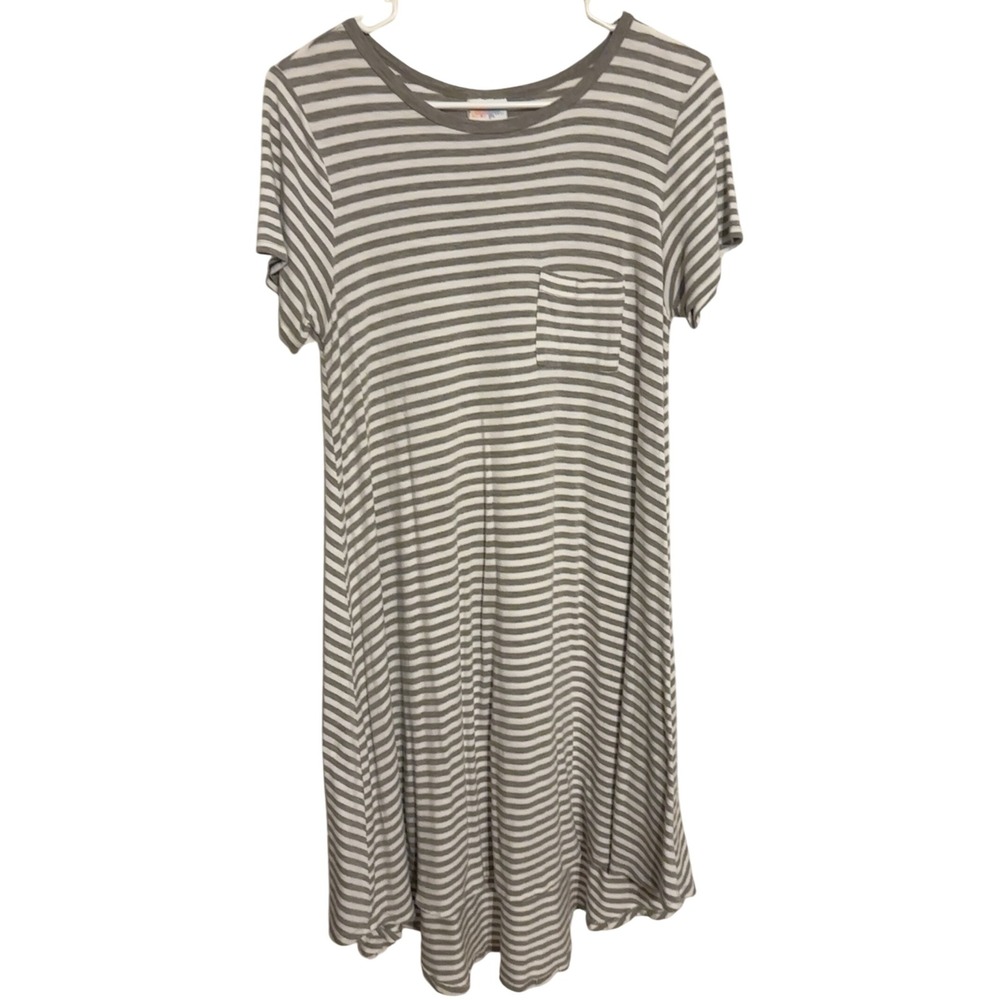 LuLaRoe Casey T-Shirt Dress Striped Casual Short Sleeve Pocket Comfy Gray Size S